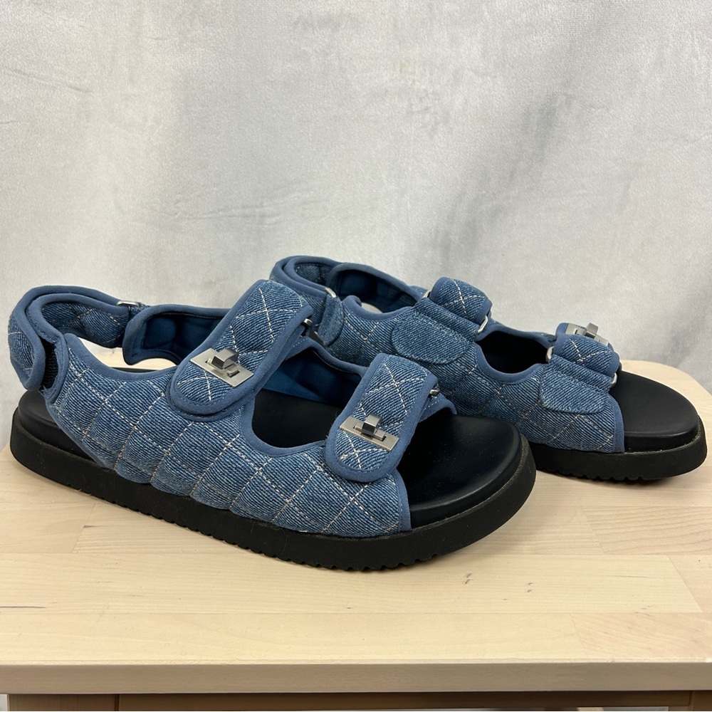 DUNE LONDON Lockstockk Quilted Denim Sandals Size 10 Puffy Chunky Blue Black